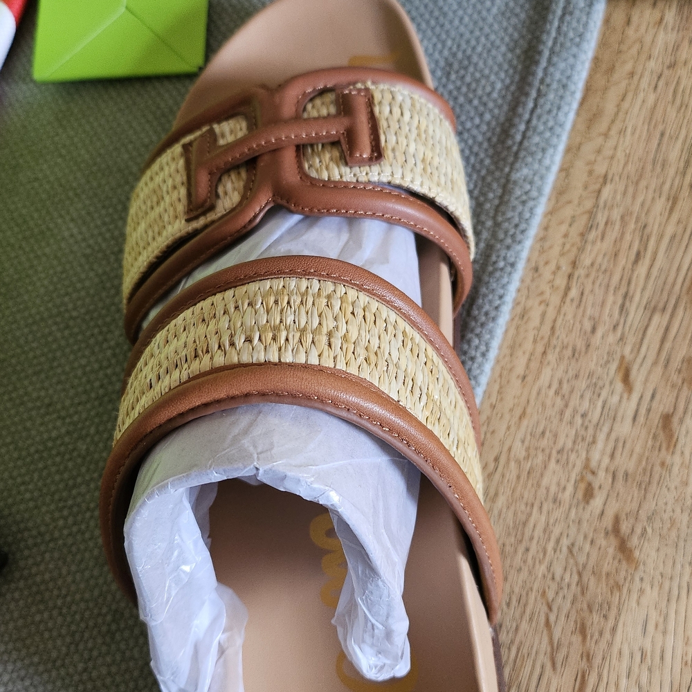 Tan and Brown Slide Sandals